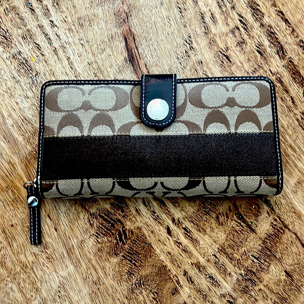 Coach Signature stripe Khaki Brown Zip Around and Bifold Tab Full Size Wallet